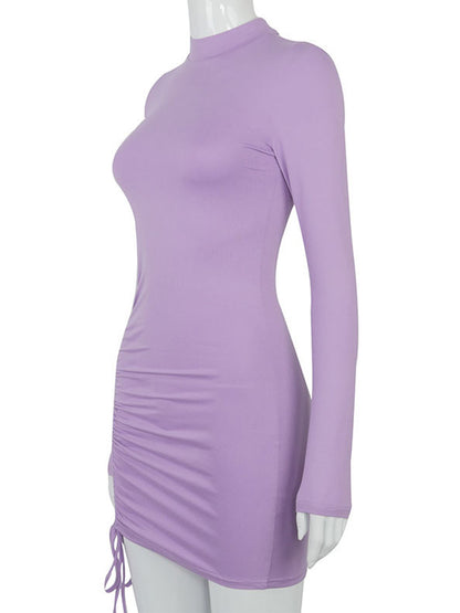 Black Turtleneck Ruched Bodycon Mini Dress for Women