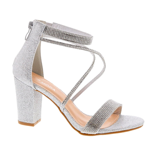 TOP Moda Rosa-66 Ankle Strap Dressy High Heel Sandal Non-slip Sole For Wedding Party Prom Evening Wear or Any Occasion Sleek Style Block Heel Sandals Silver Glitter 10