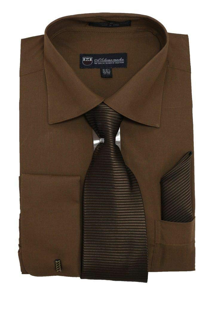 Milano Moda Solid Dress Shirt with Tie Hankie & French Cuffs SG27-Brown-18-18 1/2-34-35